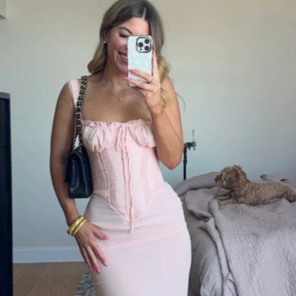 House of CB Dresses & Skirts - House of CB 'Syrah' Soft Peach Lace Back Mini Dress Light Pink Size XS